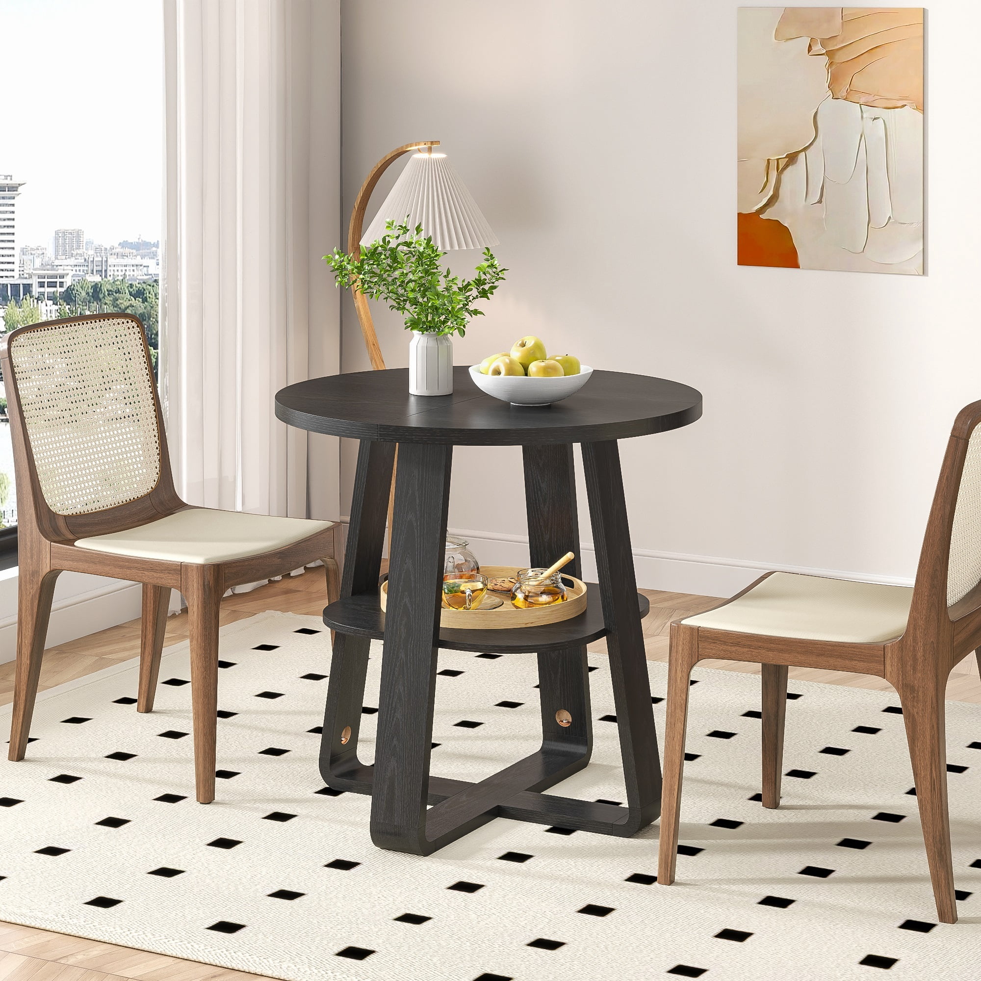 Small Round Dining Table for 2-4, Farmhouse Kitchen Table with Open Shelf, Circle Table for Space Saving, Living Room, Dining Room, Black