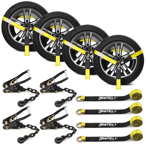 4-Pack Ratchet Wheel Tie Down Straps for Car Trailer – 2"x96" Heavy Duty Tire Straps with Chain Anchors, Over-the-Wheel Auto Tie Downs for Trucks, ATVs, UTVs
