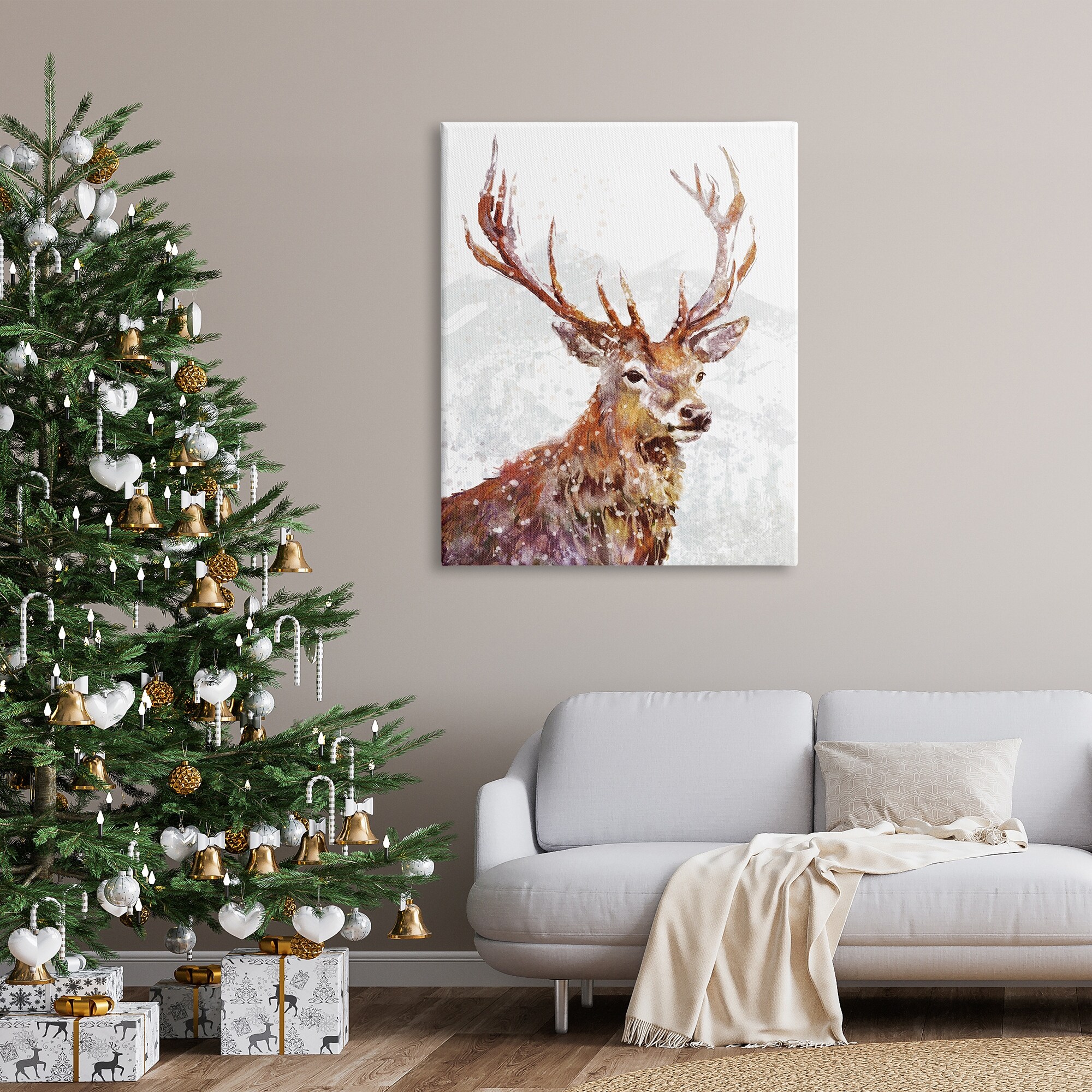 Stupell Industries Winter Deer Mountain Snowfall Holiday Painting Gallery Wrapped Canvas Print Wall Art