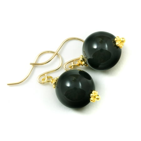 Black Onyx Bead Earrings - Black Onyx Earrings Round Smooth Beaded Accents 14k Gold Filled Simple Dangles