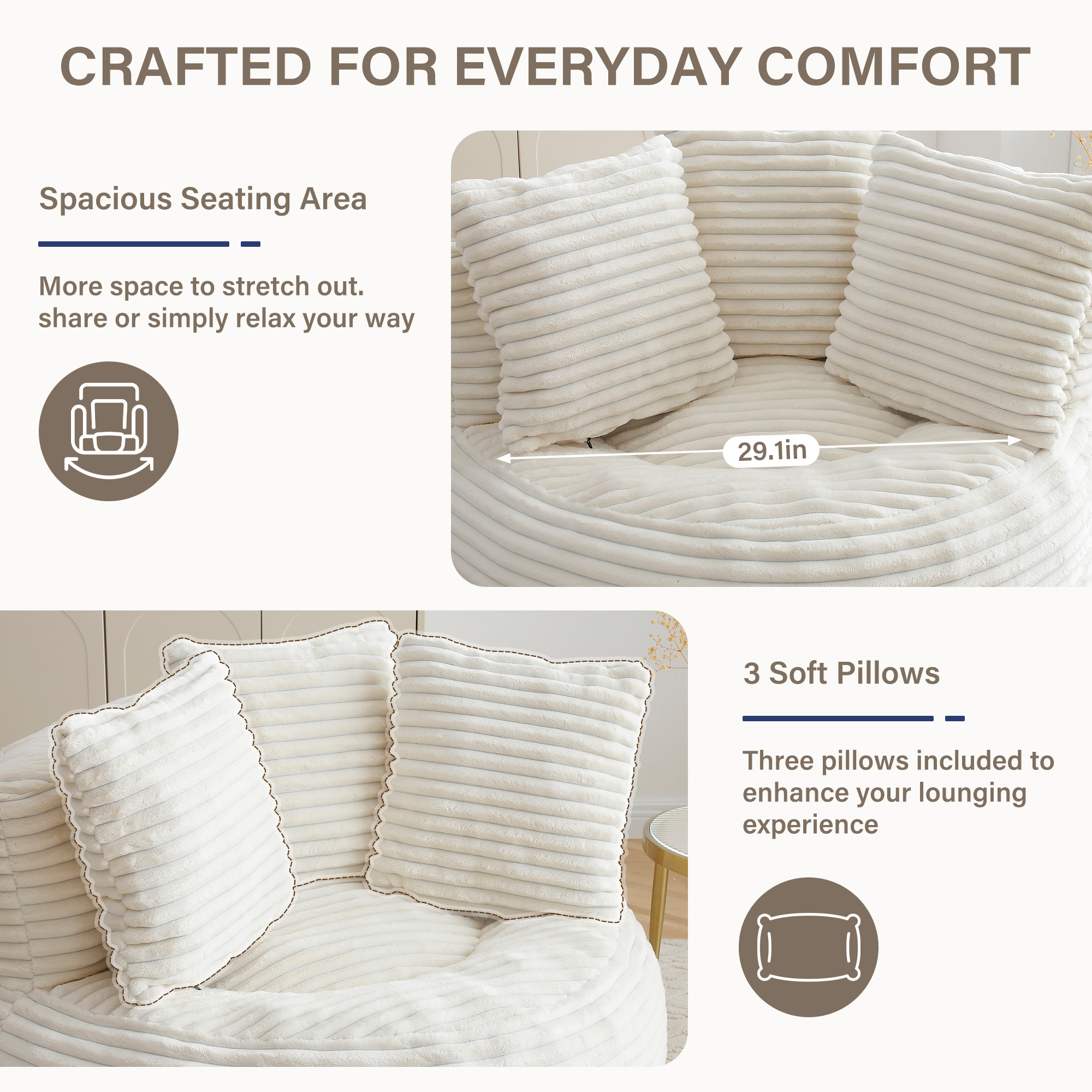 YINIX Oversized Bean Bag Chair with Backrest and Cushion, Cozy Round Floor Sofa for Living Room, Beige