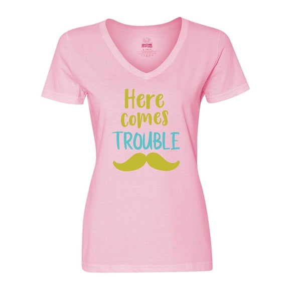 Inktastic Here Comes Trouble, Mustache, Moustache Women's V-Neck T-Shirt