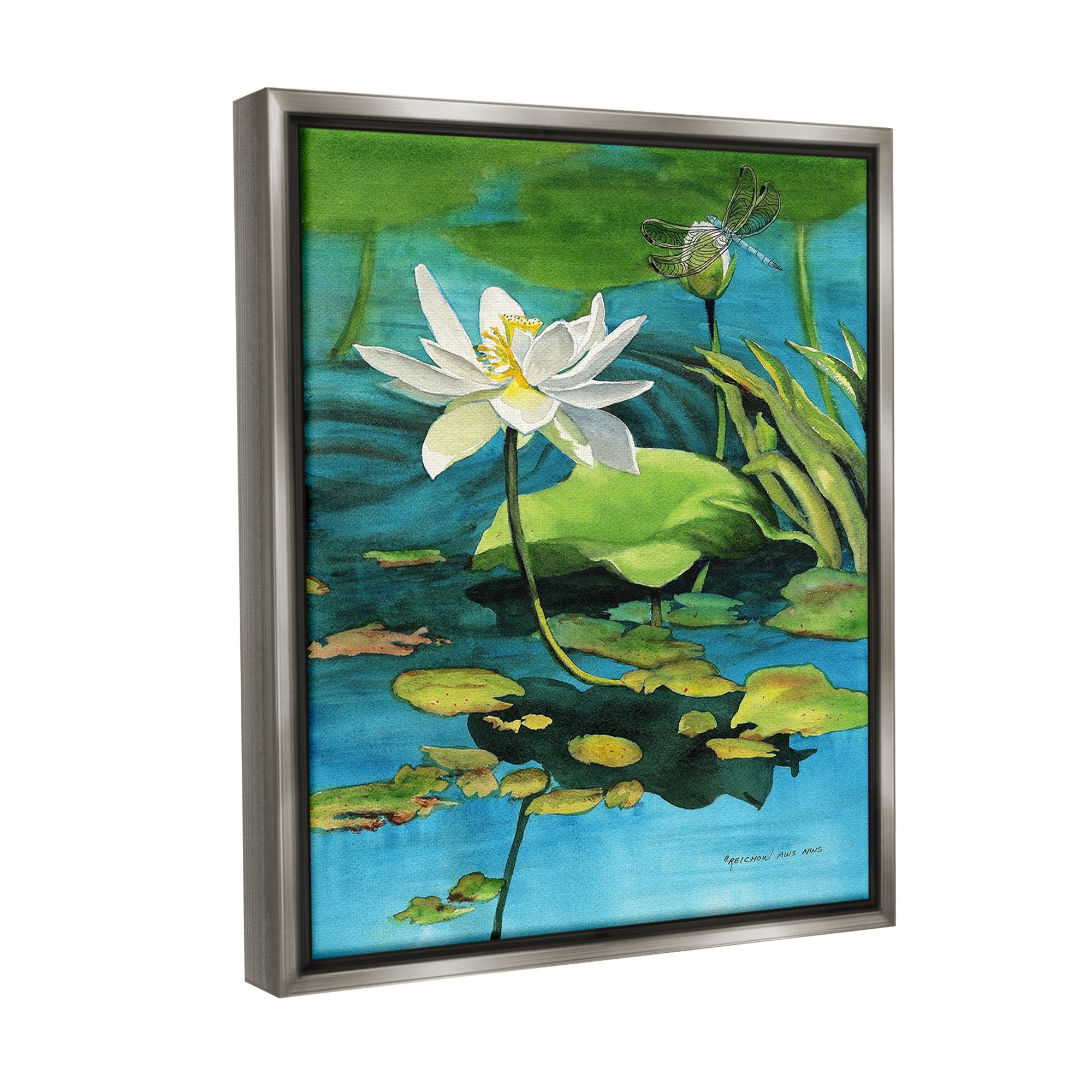 Stupell Industries Pond Lotus & Dragonfly Botanical & Floral Painting Gray Floater Framed Canvas Art Print Wall Art, 17 x 21