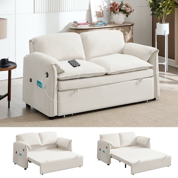 63" Velvet Pull Out Couch, 3-in-1 Convertible Sleeper Sofa Bed with Adjustable Backrest, USB Charging Ports, Side Pockets, Modern Loveseat for Living Room, Bedroom, Apartment, Beige