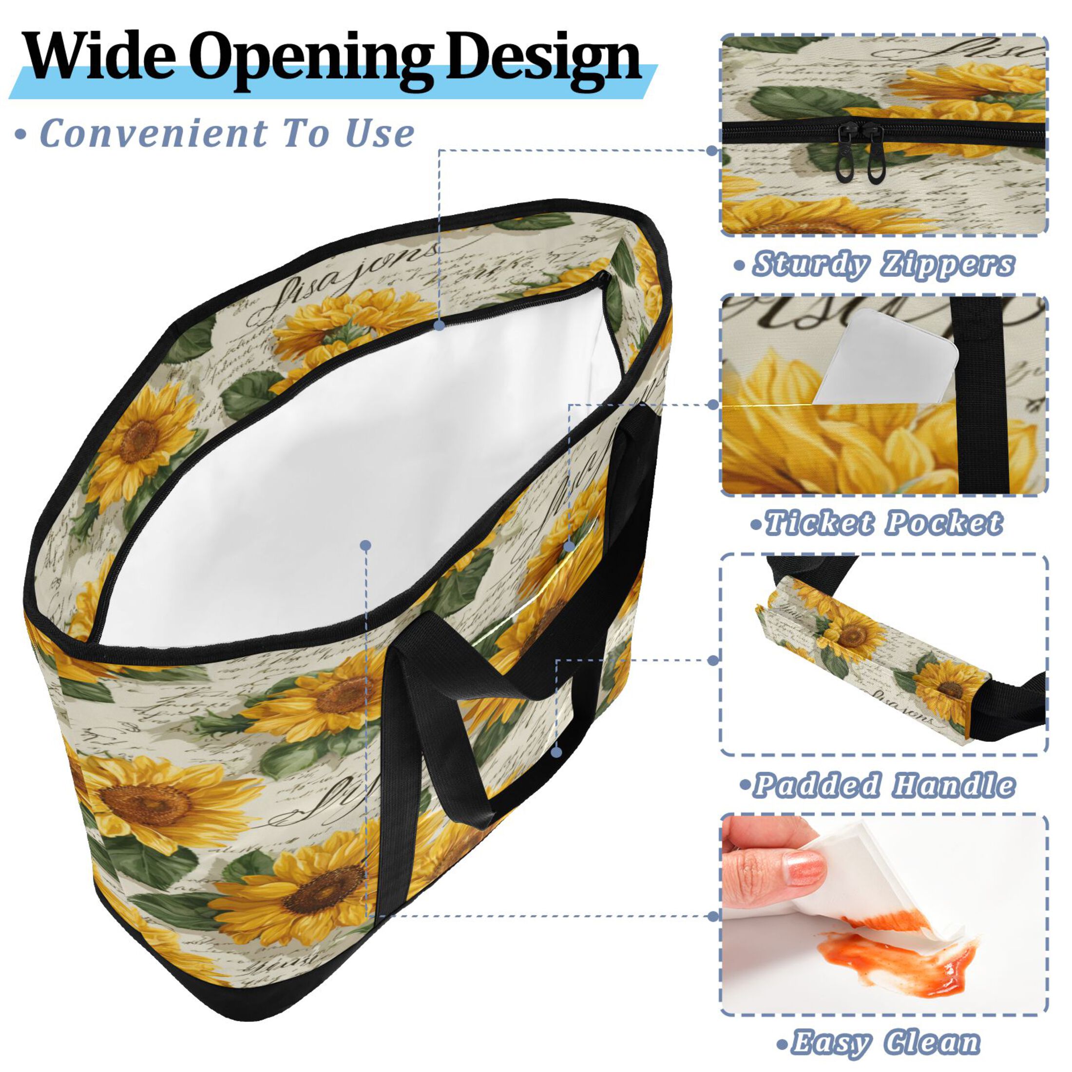 Extra-Large Wide Opening Design Capacity Hand-Held Ice Pack Thickened Insulation Layer For Long-Lasting Cold Retention For Outdoor Shopping Picnics And Camping Vintage Paper with Sunflowers