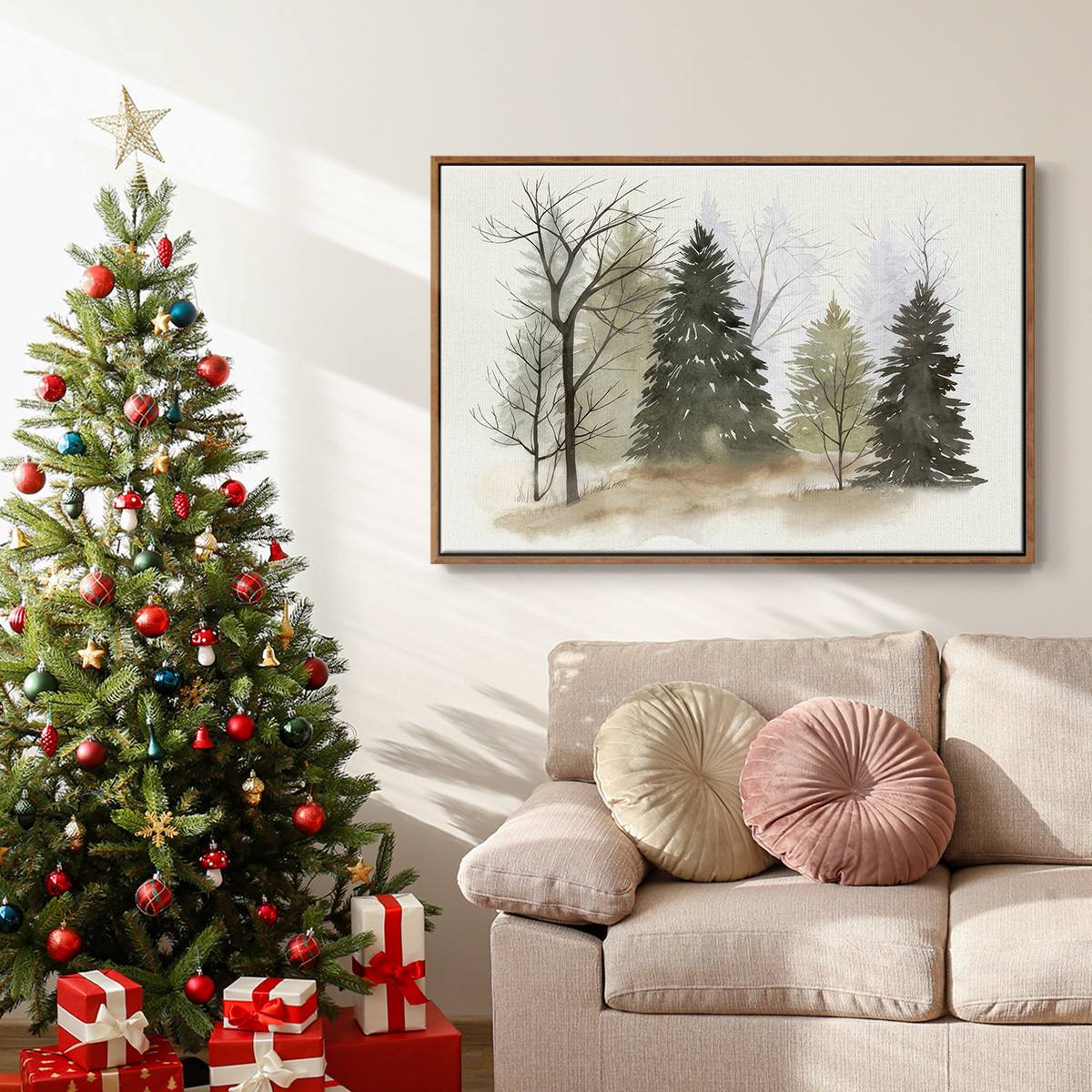 In the Mist II - Framed Gallery Wrapped Holiday Canvas - 17 x 25 - Rosewood Frame