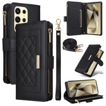 for iPhone 16 Pro Wallet Case with Card Holder/Zipper Wallet Slot/Crossbody Strap Hand Lanyard,[RFID Blocking][Magnetic Closure] PU Leather Shockproof Flip Kickstand Phone Cover,Black