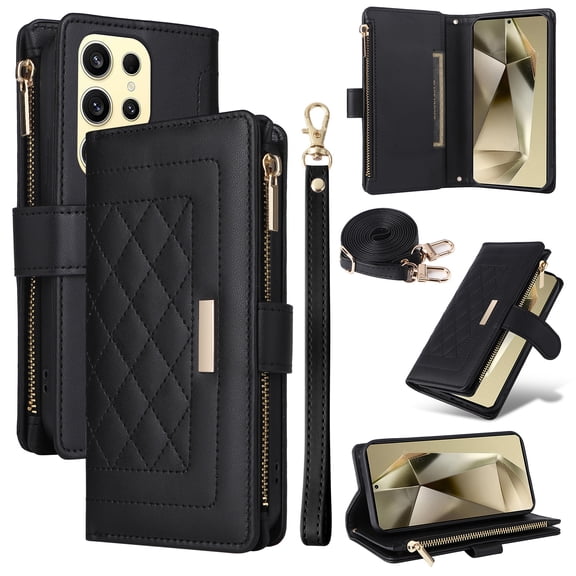 Allytechgroup Flip Wallet Phone Case for Samsung Galaxy S25 Ultra, Shockproof Case with Credit Card Slot Shoulder Strap Lanyard Zipper PU Leather Phone Case for Women Girls, Black