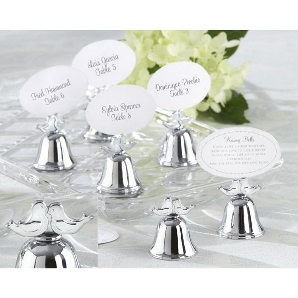 Lovebirds Silver Finish Kissing Bell Place Card Holder (Set of 24