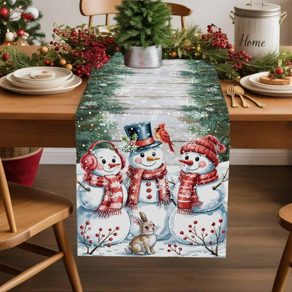 Burlap Table Runner 36 Inches Long,Winter Christmas Snowman Pine Berry Non-Slip Kitchen Table Runners for Dining Room Everyday Use Party Table Decorations Green White Red