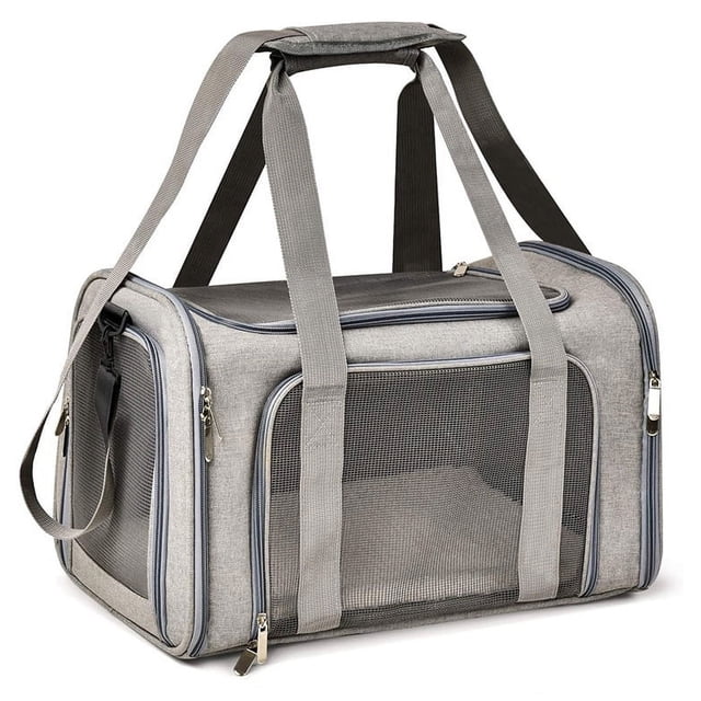 (Gris) Jaula para gatos Jaula para perros Mascotas Adecuada para gatos pequeños y medianos Perros Cachorros (3 kg-6 kg), Lado suave aprobado por la aerolínea TSA, Bolsa de viaje plegable para cachor