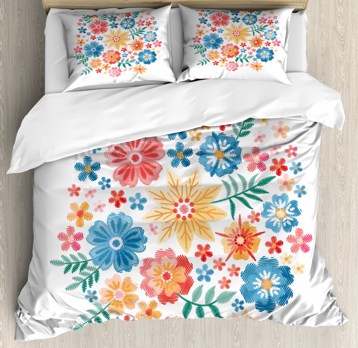 Floral Duvet Cover Set King Size, Colorful Round Flowers Arrangement on