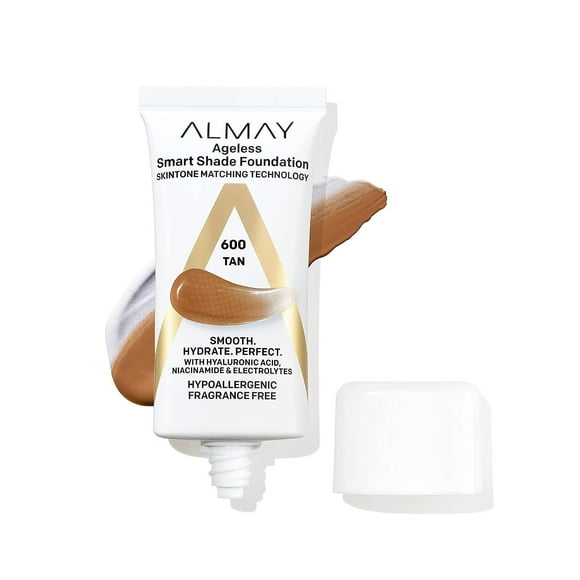 Almay Anti-Aging Foundation, Smart Shade Face Makeup with Hyaluronic Acid, Niacinamide, Vitamin C & E, Hypoallergenic-Fragrance Free, 600 Tan, 1 Fl Oz Pack of 1