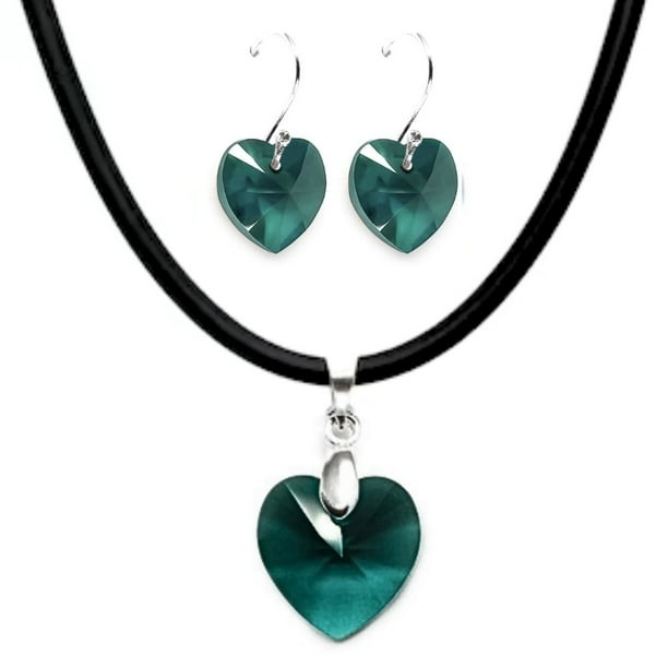Juego de aretes y collar ZVEZDA de caucho con dije de corazón Plata Mexicana .925 Esmeralda