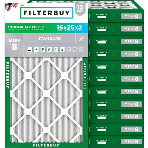 Filterbuy 16x25x2 MERV 8 Dust Defense, Pleated HVAC AC Furnace Air Filters (12-Pack)