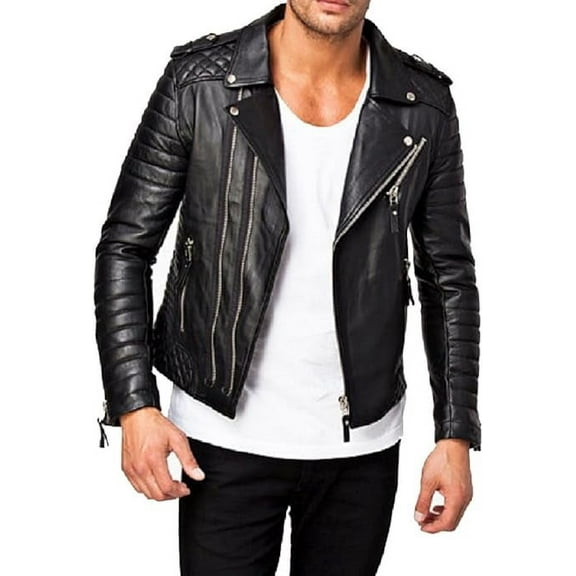New Men's Genuine Lambskin Leather Jacket Black quilted Motorcycle Biker Jacket A666