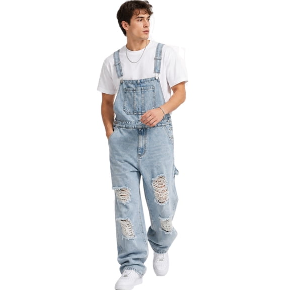 Men's Distressed Ripped Denim Bib Overalls - Loose Straight Casual Workwear Pants with Adjustable Suspenders | Trendy Street Style Jeans (S-3XL)