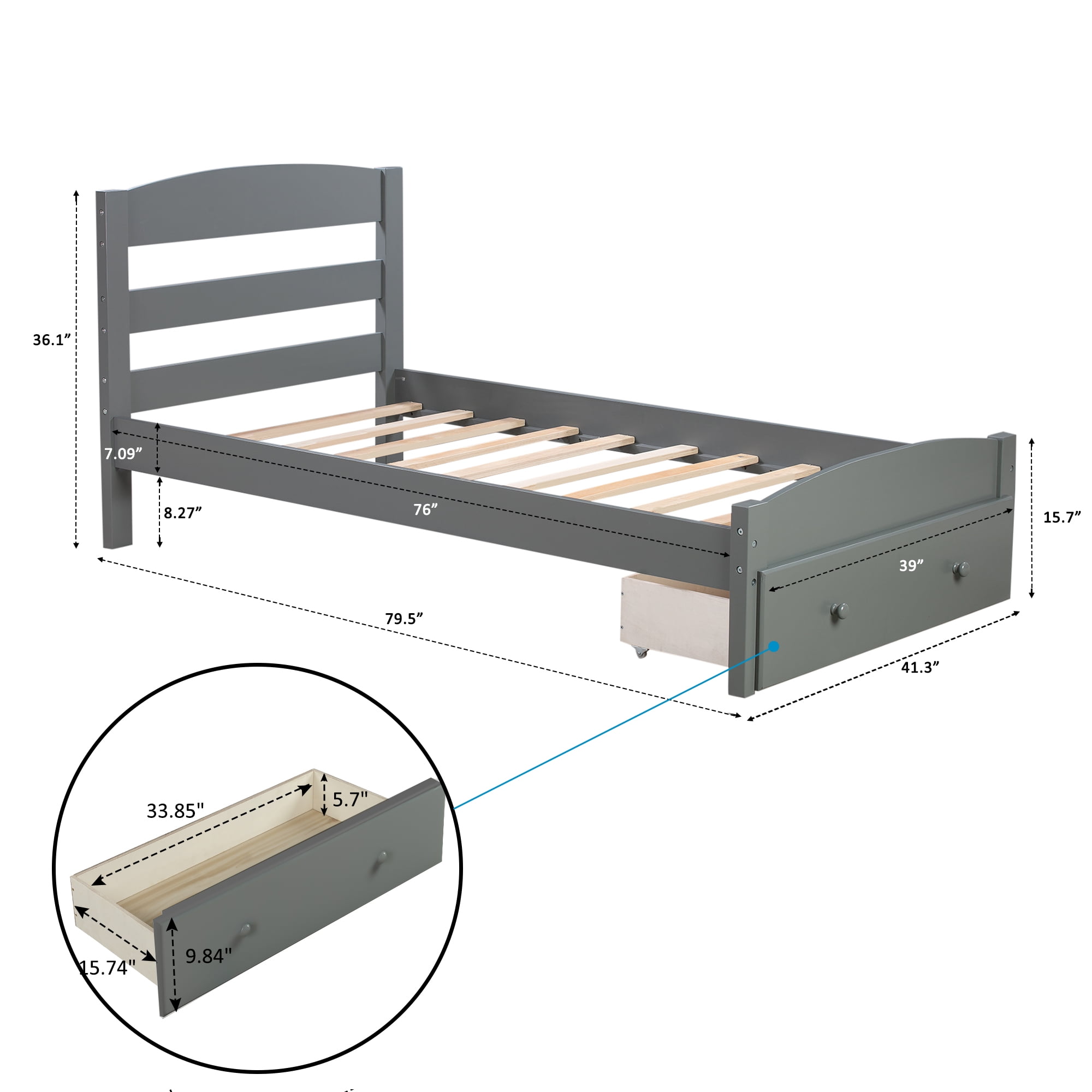 Kepooman Twin Size Modern Bed Frame with Storage Drawer, 79.5”L X 41.3”W X 36.1”H, Gray Kepooman Twin Size Modern Bed Frame with Storage Drawer, 79.5”L X 41.3”W X 36.1”H, Gray