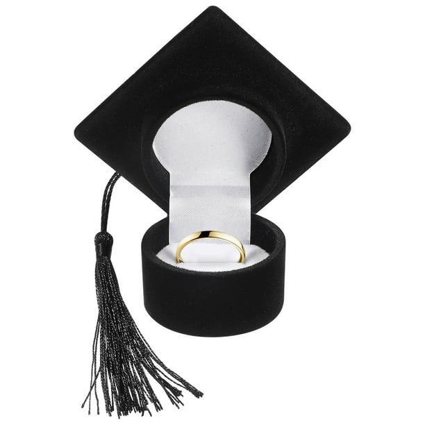 Caja de anillo con forma de sombrero de doctor Organizador creativo Joyero Caja de almacenamiento Soporte de anillo para ceremonia de graduación Decoración de fiesta de Navidad (Negro)