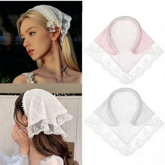 GIXUSIL 2Pcs Hair Scarf Headband for Women, White & Pink Lace Hair Bandana, Non-Slip Hair Soft Head Coverings Boho Triangle Bandana Turban for Hair Styling