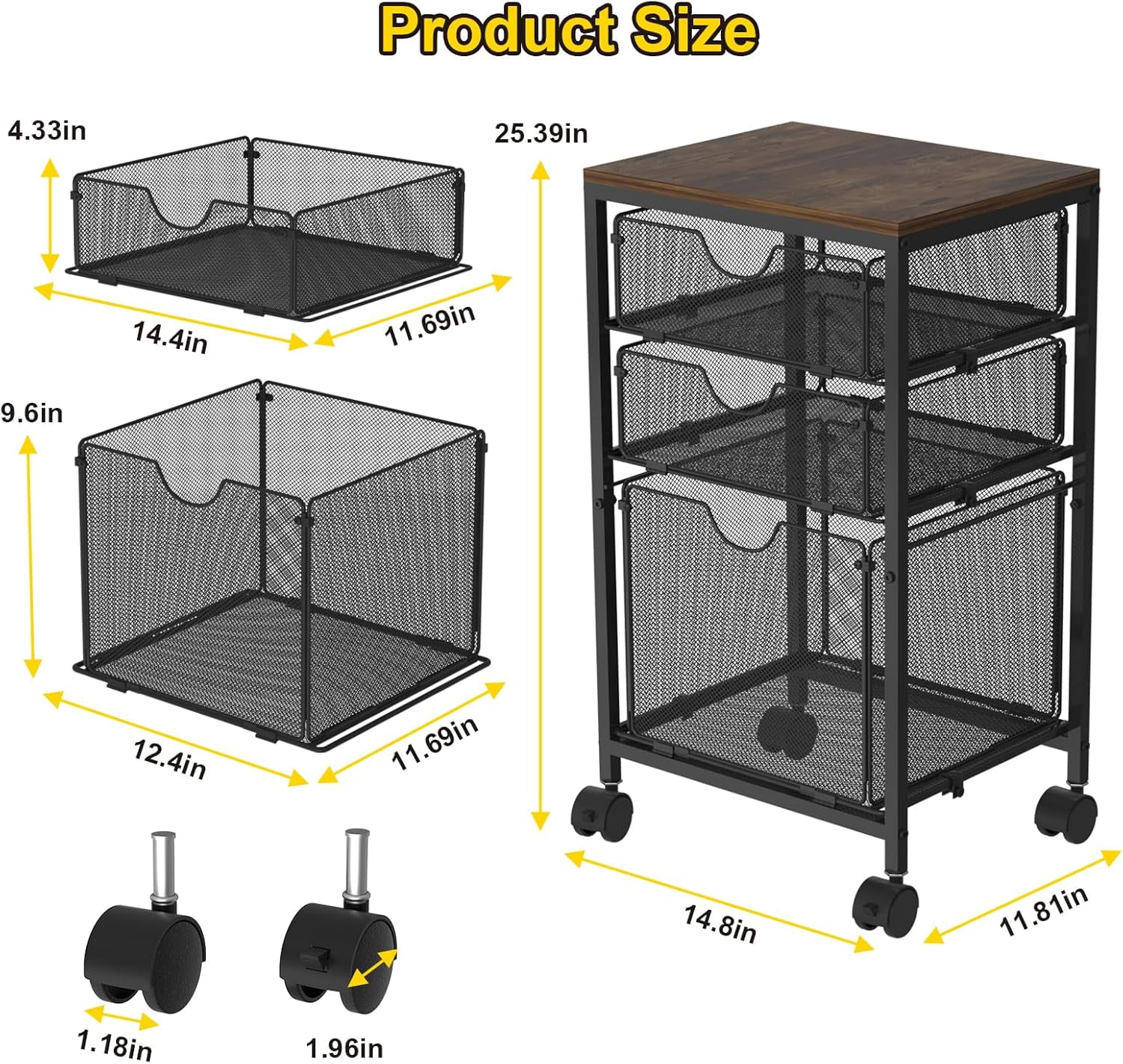 Rolling File Cart with 3 Storage Drawers, Wood & Mesh Hanging File Folder Organizer with Wheels Under Desk, File Cabinets for Home Office, 11.81"D x 14.8"W x 25.39"H, Black