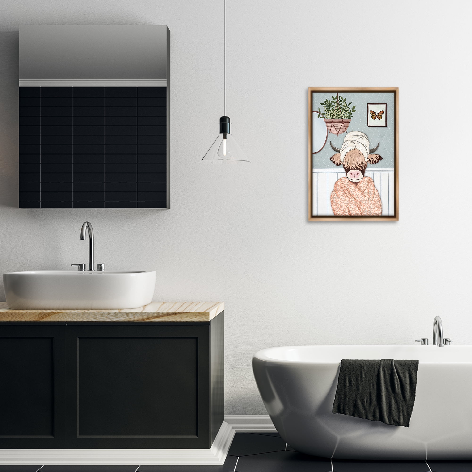 Stupell Industries Highland Cow Bathrobe Typography Painting Brown Floater Framed Canvas Art Print Wall Art, 17 x 25