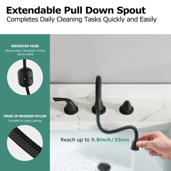 PARLOS Widespread 2-handle Pull Out Sprayer Bathroom Sink Faucet with 360 Swivel Spout,Matte Black