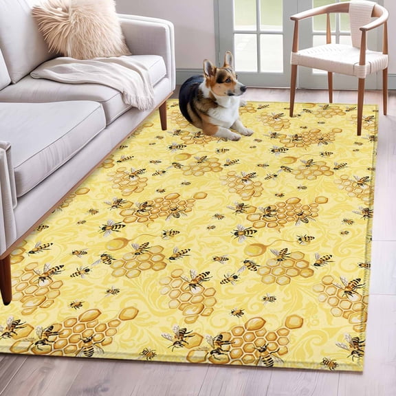Hallway Runner Rugs 2.7x5 Ft, Summer Bees Non Slip Area Rugs for Kitchen Bedroom Entryway, Pastoral Garden Yellow Honey Watercolor Washable Carpet Runner Rug Floor Mats for Bedroom Home Decor