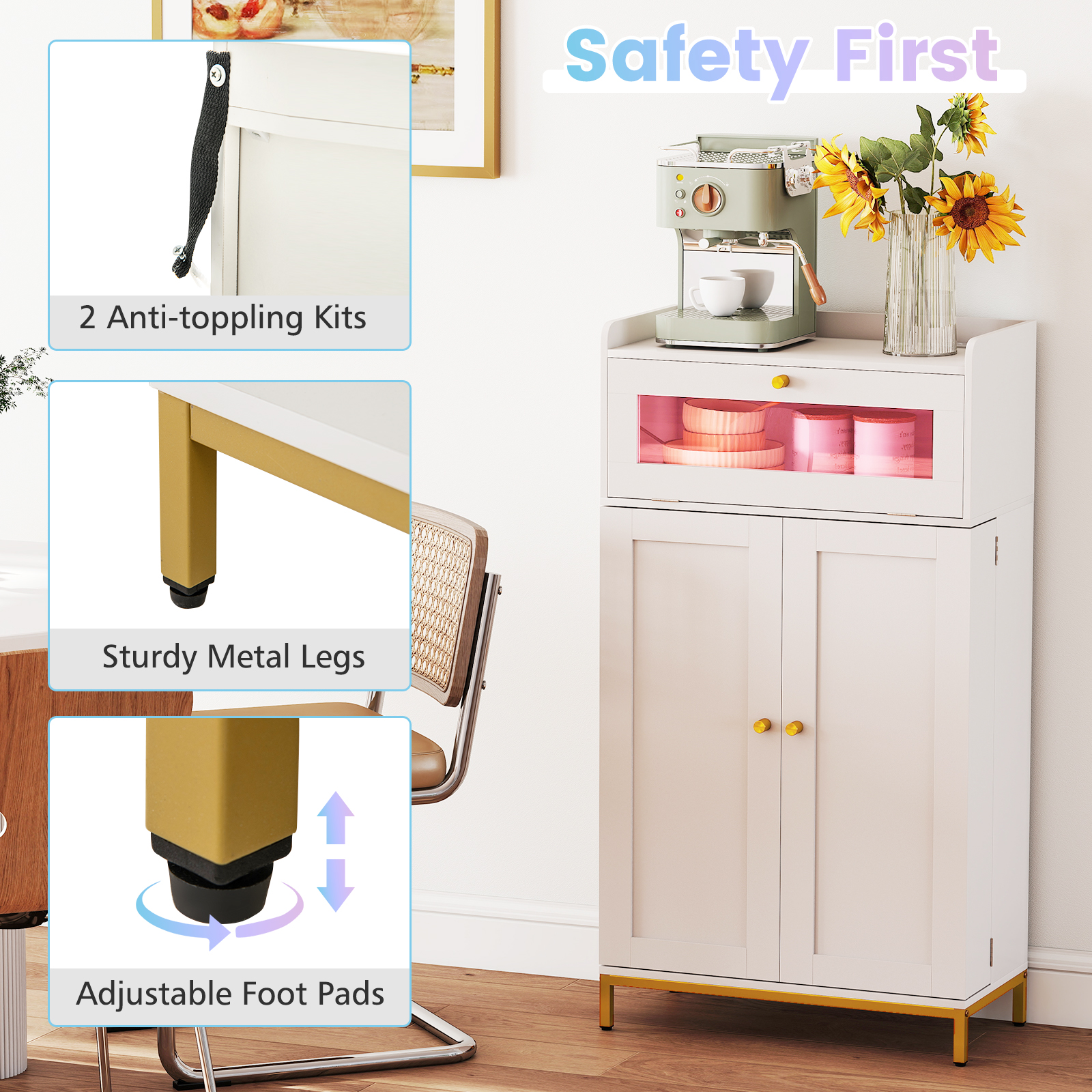 Patiojoy Pantry Cabinet w/Charging Station Kitchen Food Cabinet w/LED Light