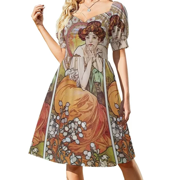 Alphonse Mucha - Vestido de manga corta Topacio, vestido de verano, vestido de fiesta de lujo para mujer