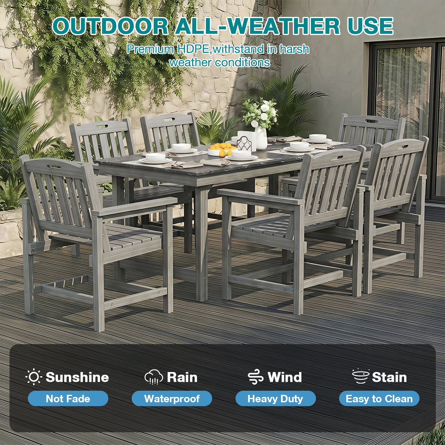Erinnyees 7-Piece HDPE Outdoor Dining Set, 66.9" Marble Texture Patio Table with Umbrella Hole, and 6 All-Weather Chairs for Yard Deck Porch, Gray