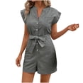 thumbnail image 1 of Lenpel Women's Plus Size Rompers Striped Cap Sleeve V Neck Button down Belted Wide Leg Jumpsuits Casual Overall Shorts with Pockets, 1 of 7