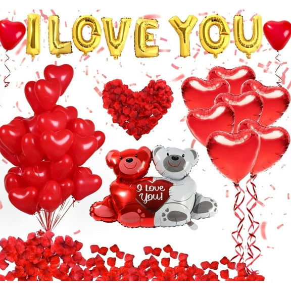 WODJR Valentines Day Balloon Kits, Red Heart, I Love You and Teddy Bear Balloons Rose Petals, Foil Latex, Gold Red