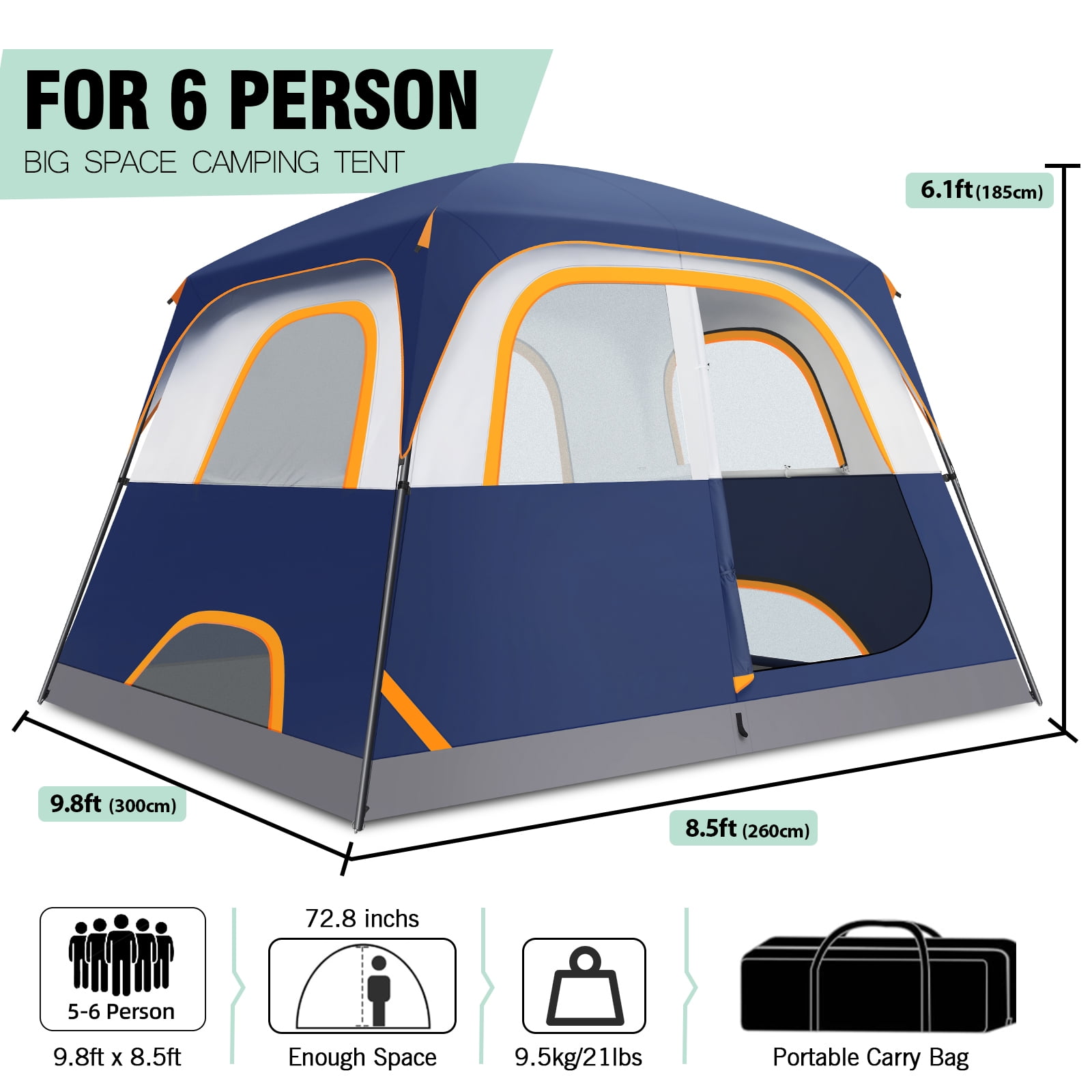COBIZI 6 Person Tent for Camping with Waterproof Rainfly,EZ Set up Tent Windproof Instant Family Cabin Camping Tent with Mesh Door & Ventilation Windows for Beach Camping Hiking Backpacking,Dark Blue