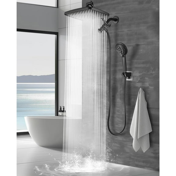 12 Inch Rain Shower Head - High Pressure Shower Head, Dual Shower Heads with 8 Modes Handheld Spray Combo - Upgrade Extension Arm Height Adjustable, Black