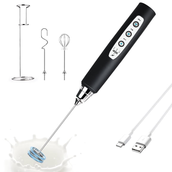 Black Handheld Milk Frother Wand with Stand for Coffee, Rechargeable Electric Whisk with 3 Heads 3 Speeds Drink Mixer Coffee Frother For Latte, Cappuccino, Hot Chocolate, Egg