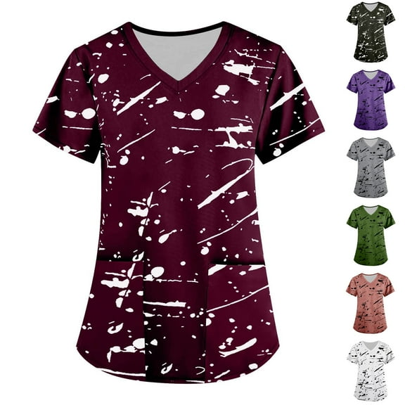 QATAINLAV Nursing Scrubs for Women 2025 Trendy Print V Neck Short Sleeve Medical Scrub Tops Nurse Working Uniform T-Shirts with Pockets Casual Caregiver Top Prime Sale Army Green L