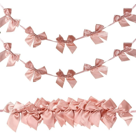 2Pcs Coquette Banner Pink Ribbon Bows Decor Valentine's Day Light Coral Pre-Strung Satin Ribbon Holiday Wall Table Hanging Banners Bowknot Garland for Room Wedding Favors Bedroom Decors