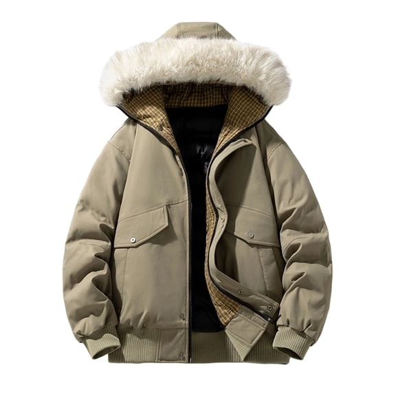 Men Coats Winter Sevevn Men's Long Sleeve Coat Stand-Up Collar Zipper Padded Jacket Outerwear With Faux Fur Hood