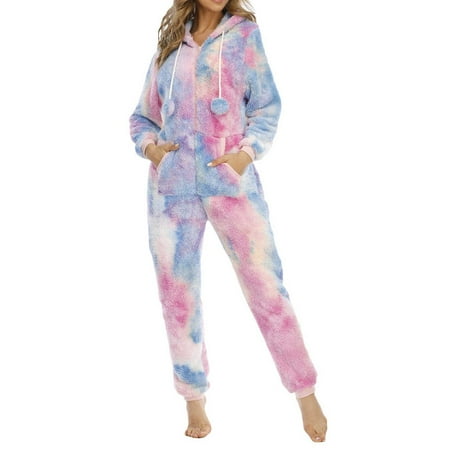 

Women s Sherpa Lined Hooded Pajamas Tie Dye Warm Fleece Zip Up Long Sleeve Onesie Jumpsuit Casual Soft Sleepwear