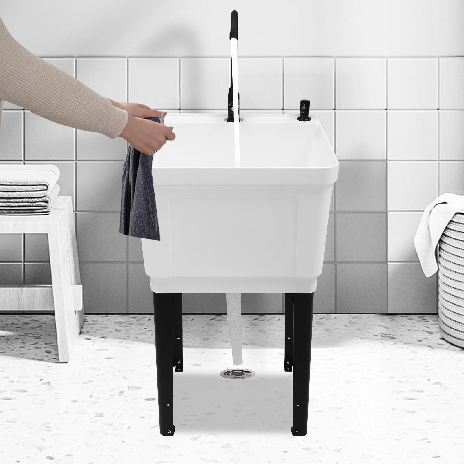Space Saver Utility Sink Free Standing Laundry Sink w/ Faucet 50*48*84cm for Garage Shop