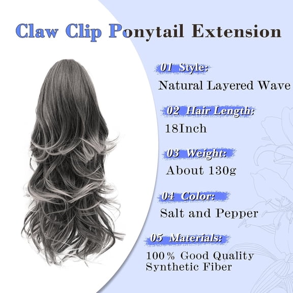 WEIF-Claw Clip Ponytail Extension Grey 18" Long Wavy Ponytail Clip in Hair Extensions for Women Curly Natural Layered Pony Tails for Short Thin Hair Synthetic Hairpiece(Salt and Pepper)