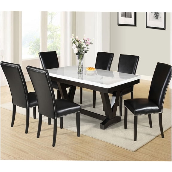 JERFIT 7-Piece Dining Set with Faux Marble Tabletop and Upholstered Chairs, White and Black Modern Kitchen Table for 6
