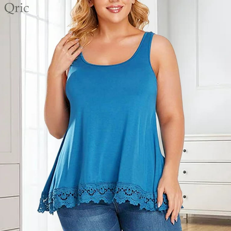 QRIC Women's Cami with Built in Bra Cup Summer Casual Flowy Swing Pleated Plus  Size Lace Tank Top with Wide Strap (S-4XL) 