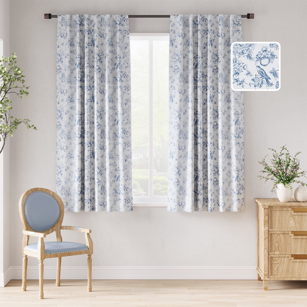 CURTAINKING Blackout Curtains 63 Inches Long, Printed Floral French Farmhouse Curtains for Bedroom Living Room Back Tab Thermal Insulated Window Drapes, 2 Panels Blue