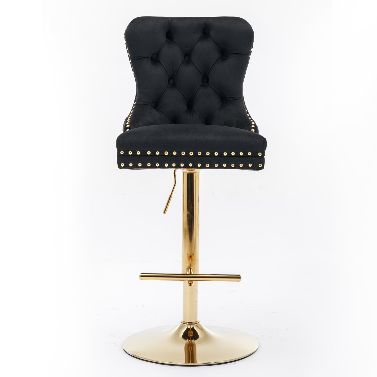 Yoneston Bar Stools Set of 2, Adjustable Height Bar Stools with Tufted Velvet Upholstery, Nailhead Trim & Gold Metal Base, Modern Counter Stools for Pub, Kitchen Island, Black