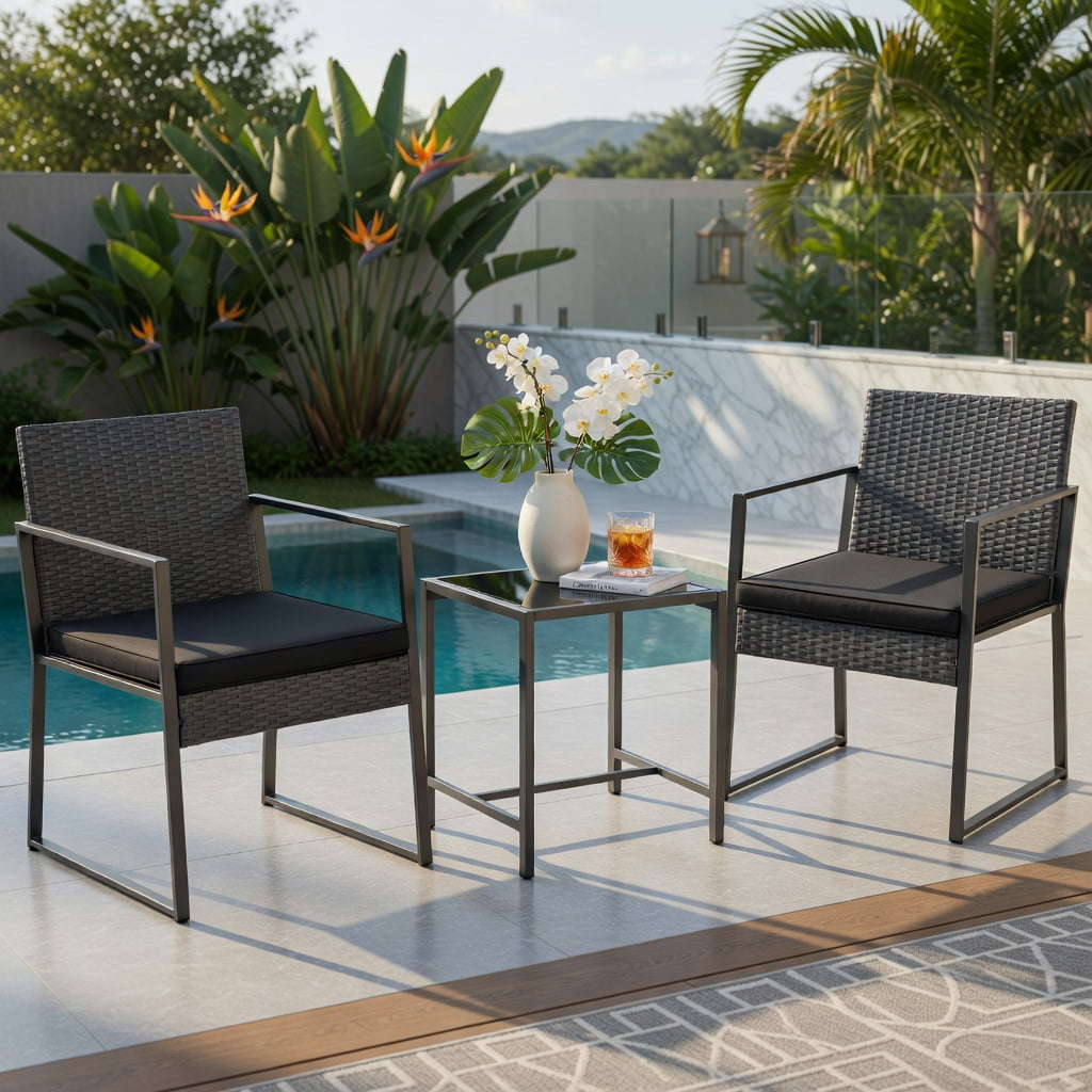 Hommoo 3-Piece Modern PE Rattan Patio Furniture Set with Tempered Glass Coffee Table, Heavy-Duty Outdoor Seating for Balcony, Porch & Small Spaces, Black
