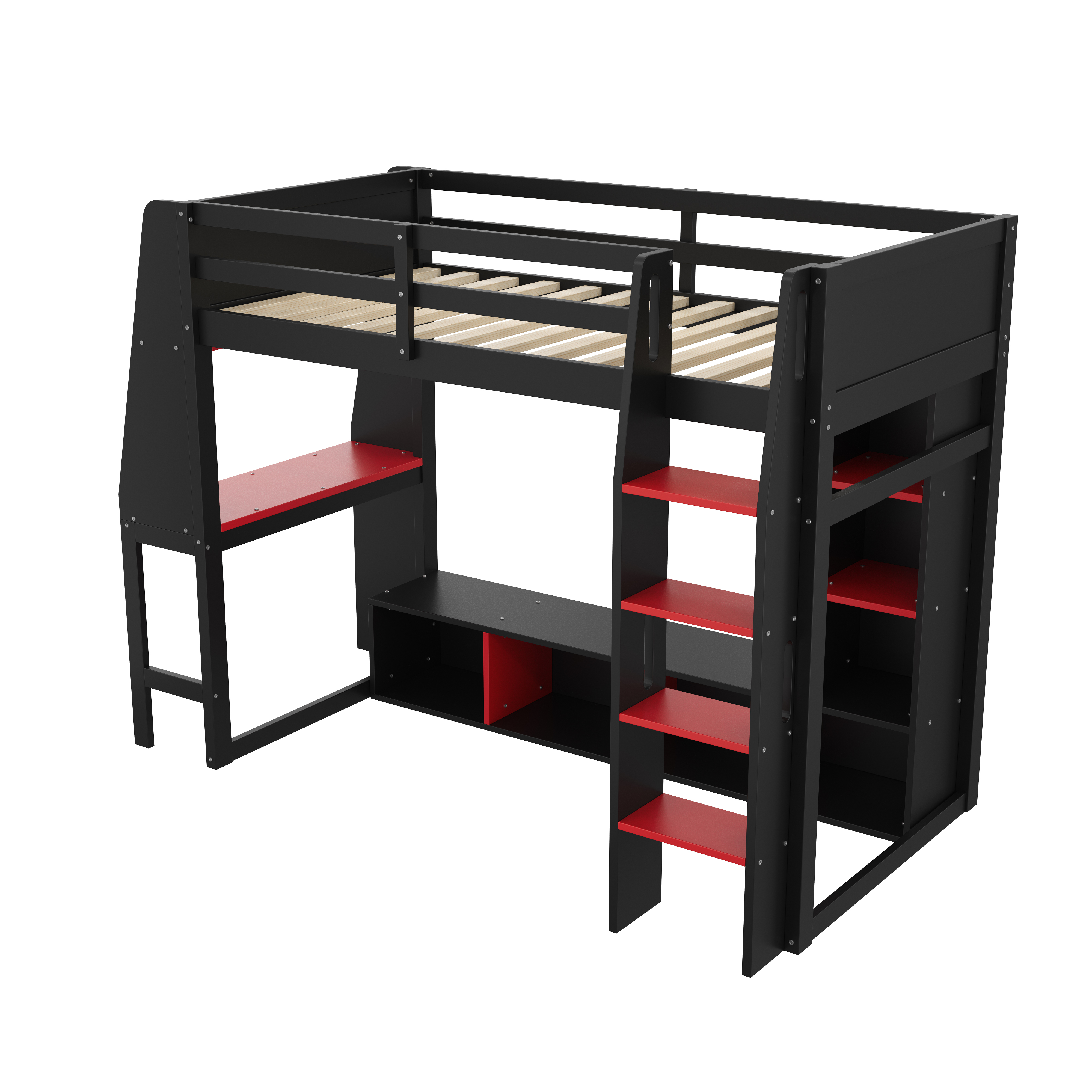 Euroco Modern Wood Twin Size Loft Bed with Desk and Clothes Hanger, Gaming Bed with Shelves and LED Light for Kids Teens, Black