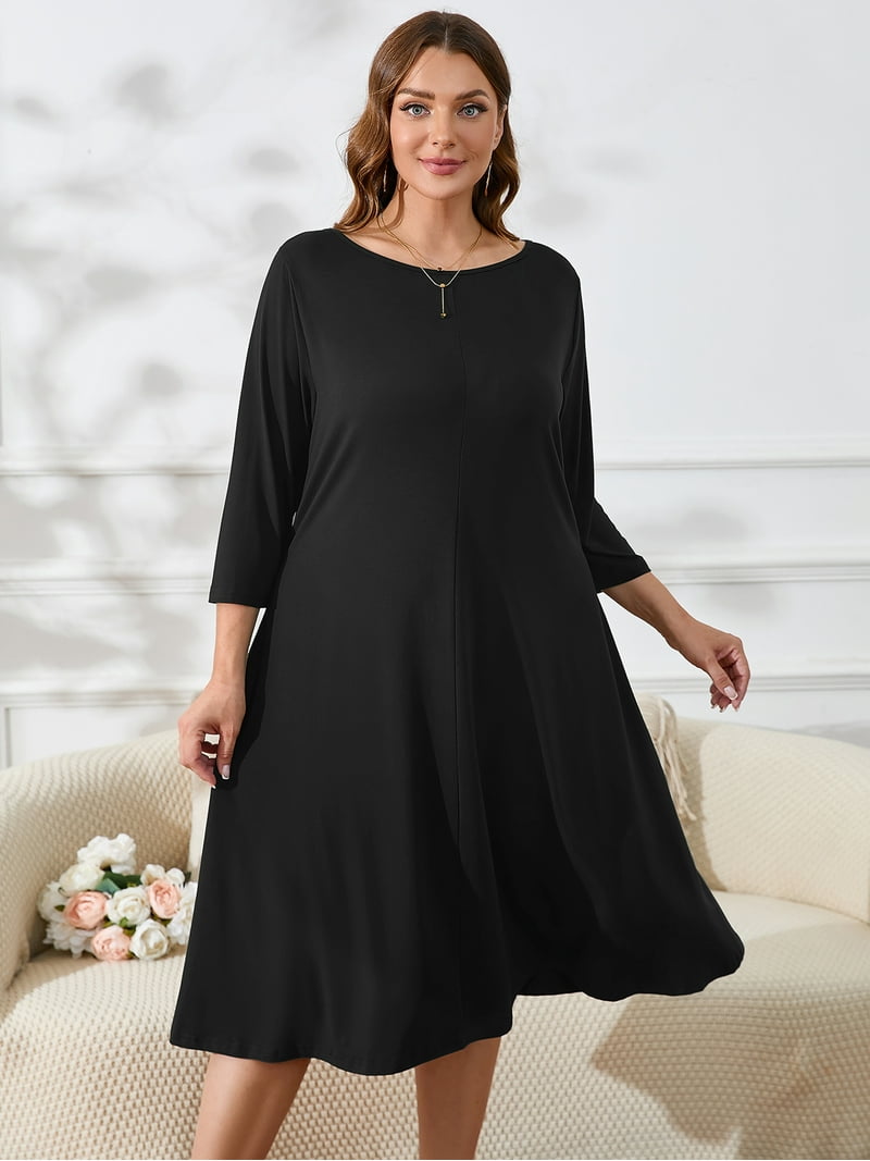 SHOWMALL Womens Plus Black Dresses Black 5X Casual Dress 3/4 Sleeves Midi  Dress Boat Neck Flowy Dress with Pockets