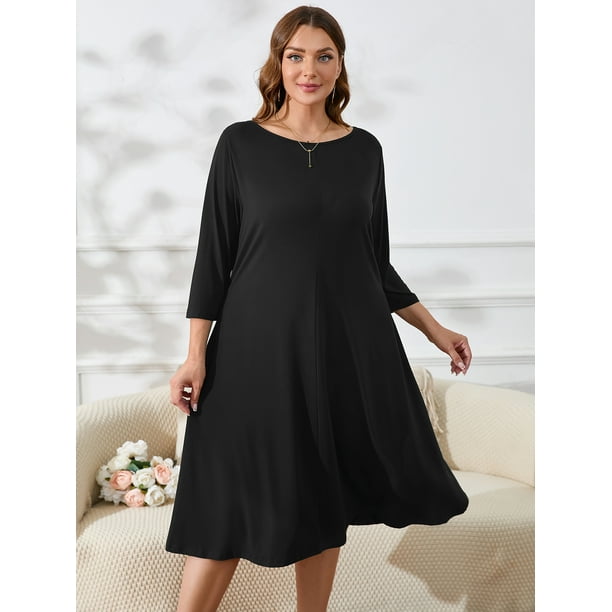 SHOWMALL Womens Plus Black Dresses Black 2X Casual Dress 3/4 Sleeves Midi  Dress Boat Neck Flowy Dress with Pockets - Walmart.ca